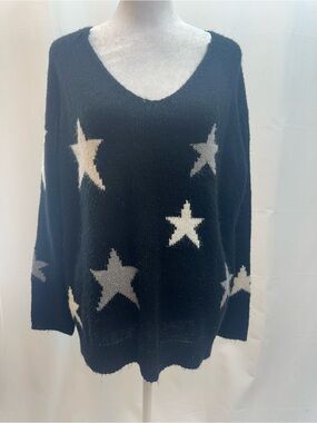 Neely Black V-Neck Star Pattern Sweater L